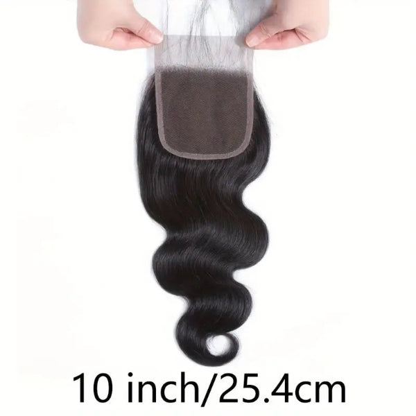 Black hair extension with a lace closure held by hands on a white background, labeled '10 inch/25.4cm'.