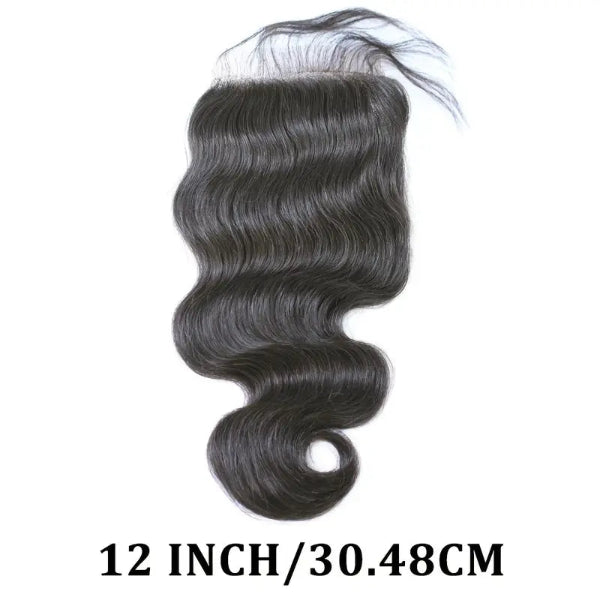 Black hair closure with body wave texture on a white background