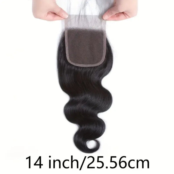Black hair closure held by hands with size label '14 inch/25.56cm' on a white background