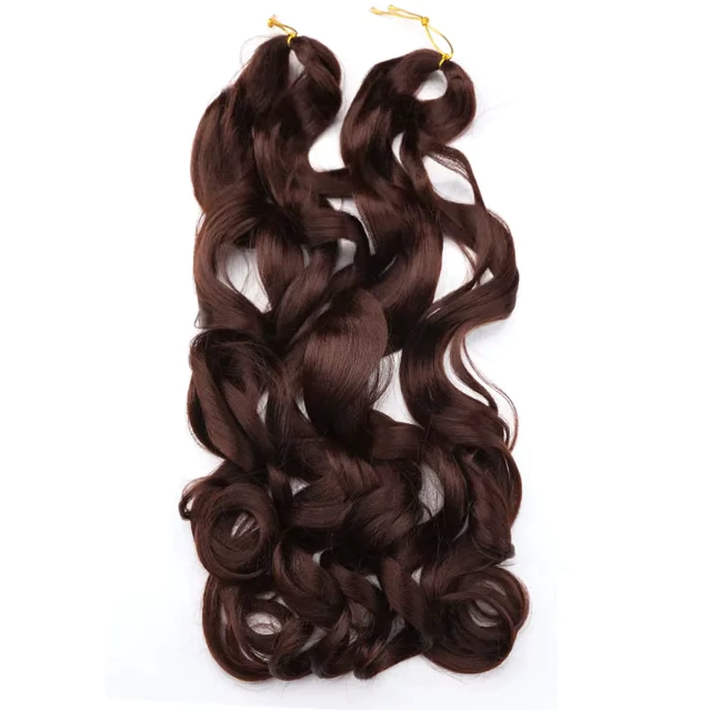 Brown hair extensions with yellow clips on a white background