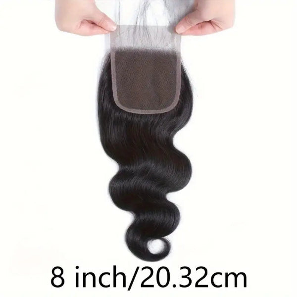 Hair extension with closure held by hands on a white background