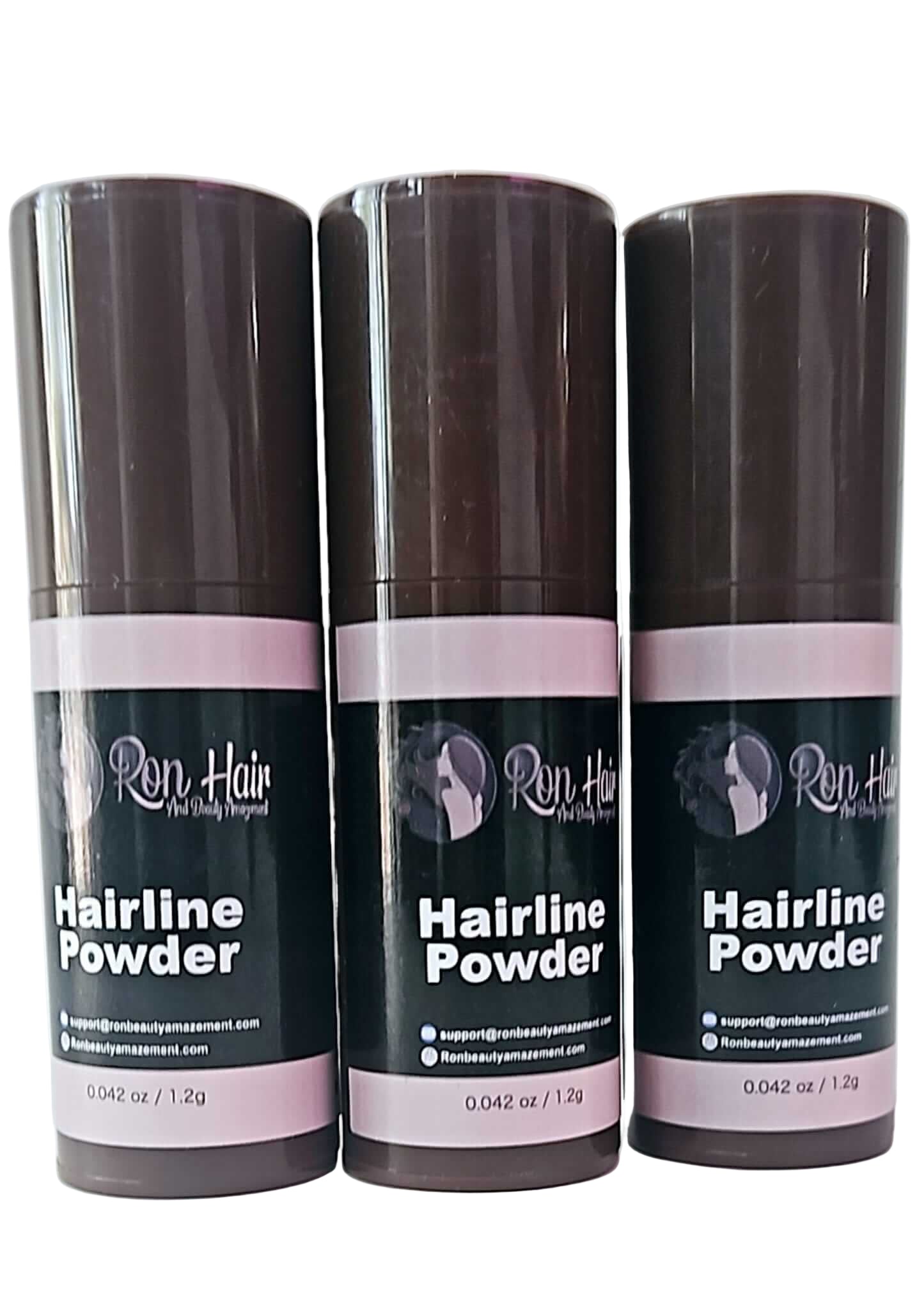 Three bottles of Ron Hair Hairline Powder on a white background