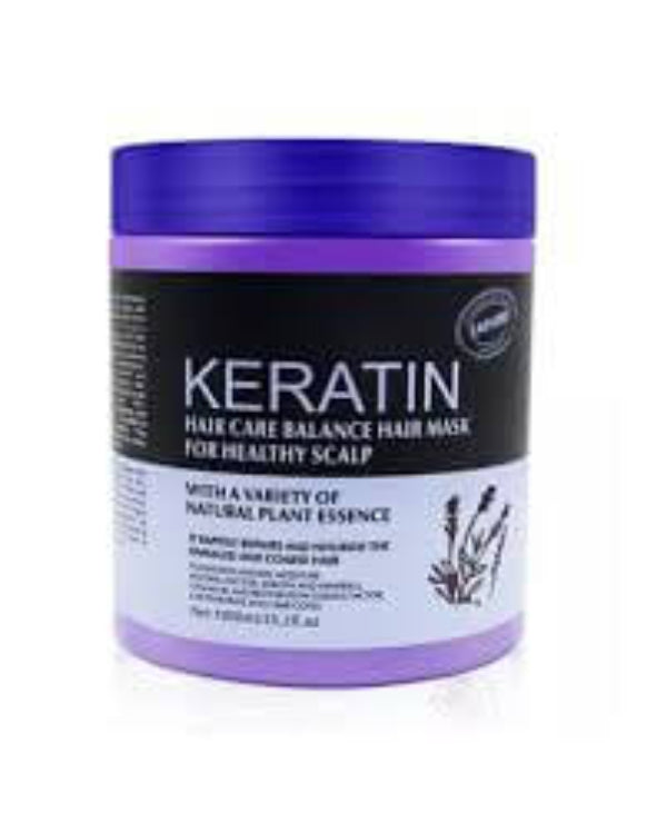 Lavender Keratin Hair Care Balance Hair Mask for a healthy scalp, enriched with natural plant essence in a sleek purple container.