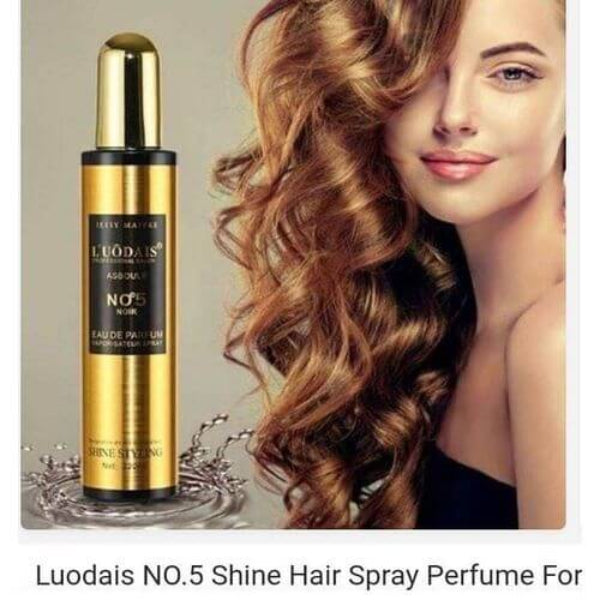 Luodais NO.5 Shine Hair Spray Perfume with a model displaying styled hair on a neutral background