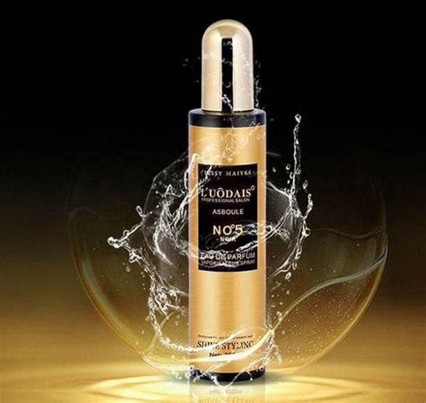 Gold and black perfume bottle with water splash effect on a dark background