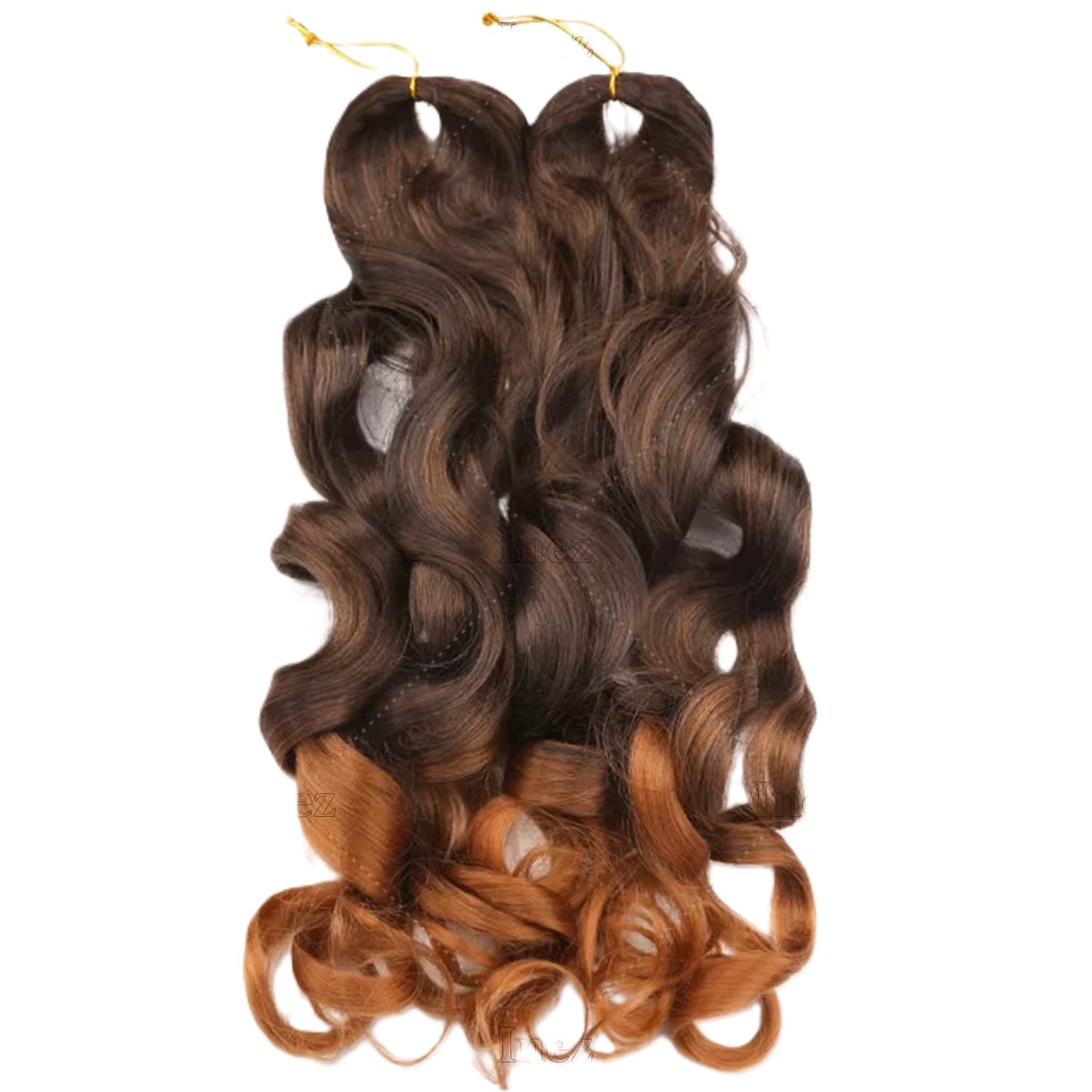 Three bundles of wavy hair extensions with brown and blonde color gradient on a white background.