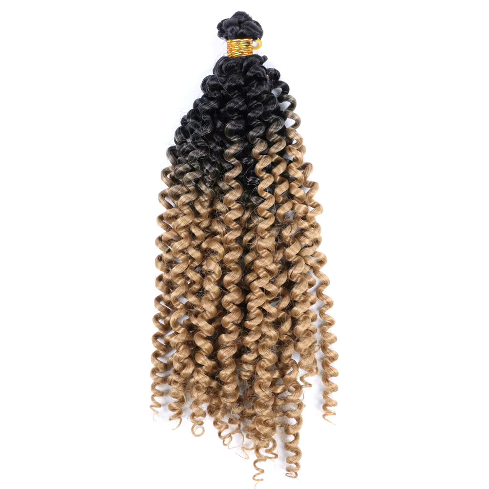 Curly hair extension with gradient color from black to blonde on a white background