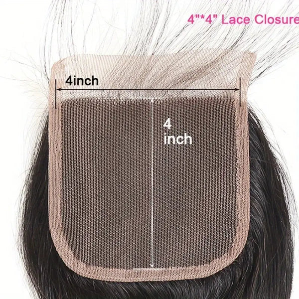 4x4 lace closure with measurements on a white background