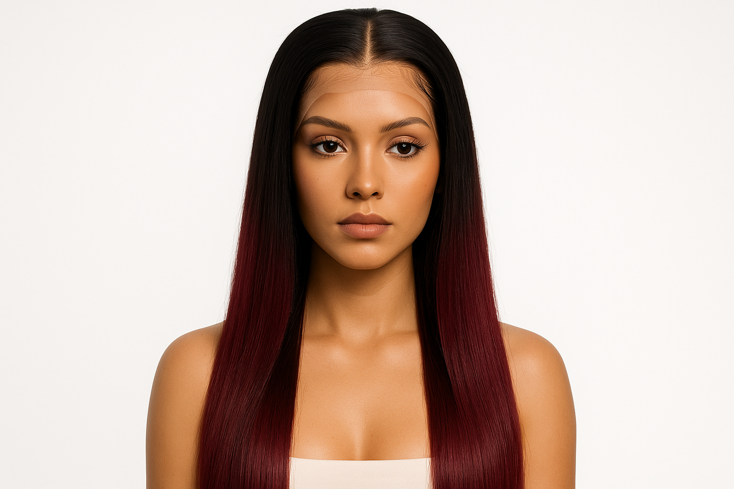 26inches 1B/99J Straight 5x5 Lace Closure Wig, on a realistic mannequin and exact length