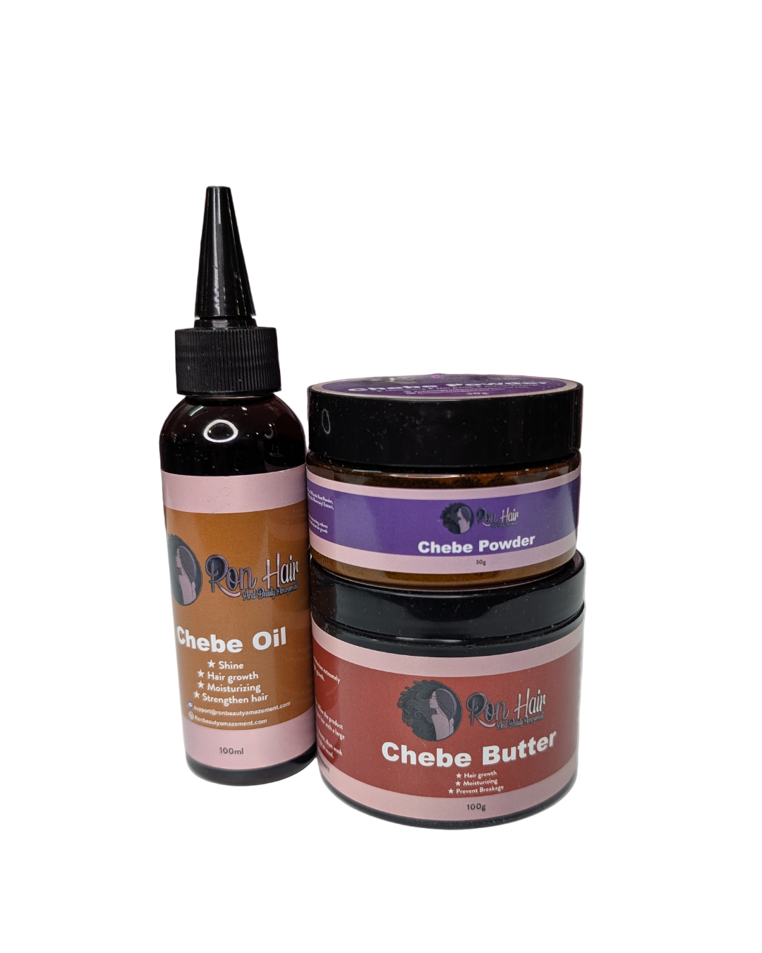 Three containers of 'Chebe' products including oil, powder, and butter on a white surface with a blurred background.