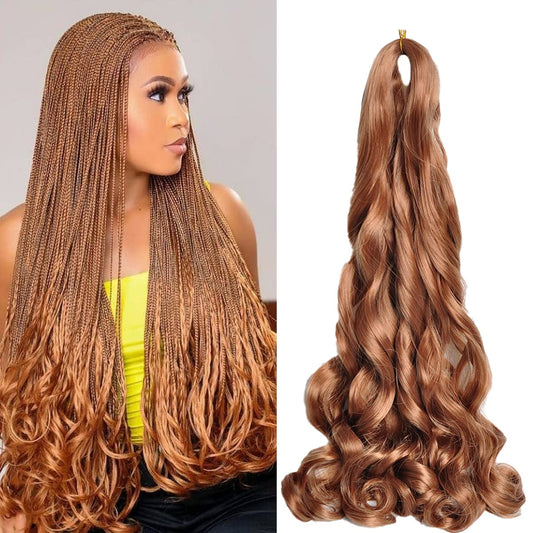Woman with long braided hair and a close-up of wavy hair extensions on a white background.