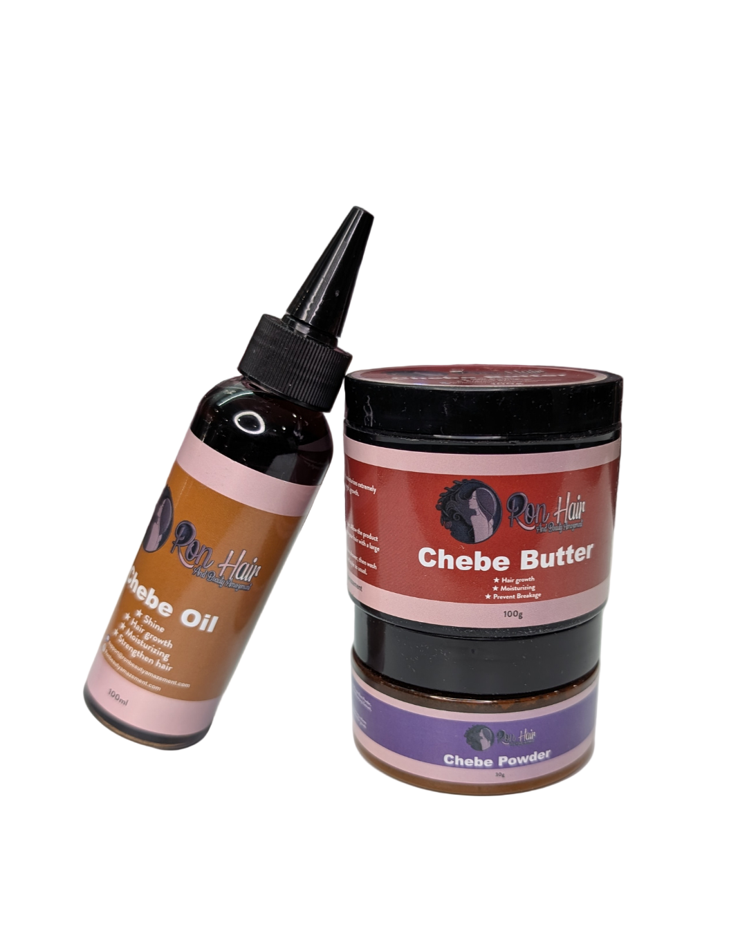 Chebe Oil bottle and Chebe Butter jar on a white background