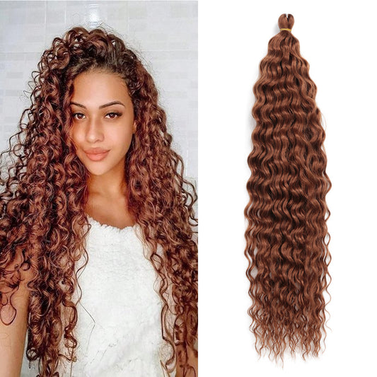 Woman with long curly hair and a close-up of brown hair extensions on a white background