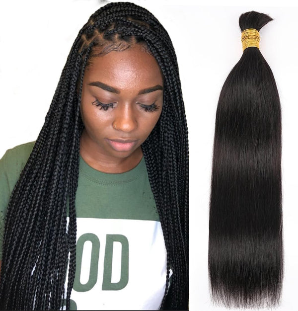 Woman with braided hair and a bundle of straight hair extensions on a white background