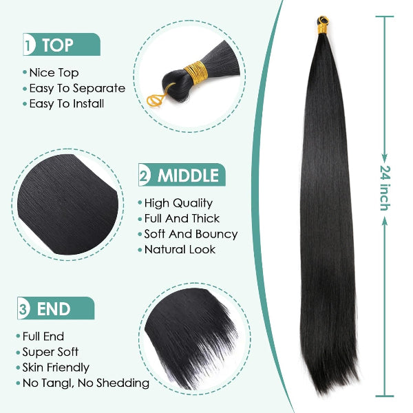 Hair extension product with features and measurements on a light blue background