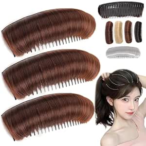 Set of hair extensions and styling tools with a woman using them.
