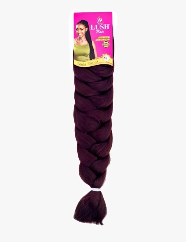Purple braided hair extension with Lush Hair packaging on a white background