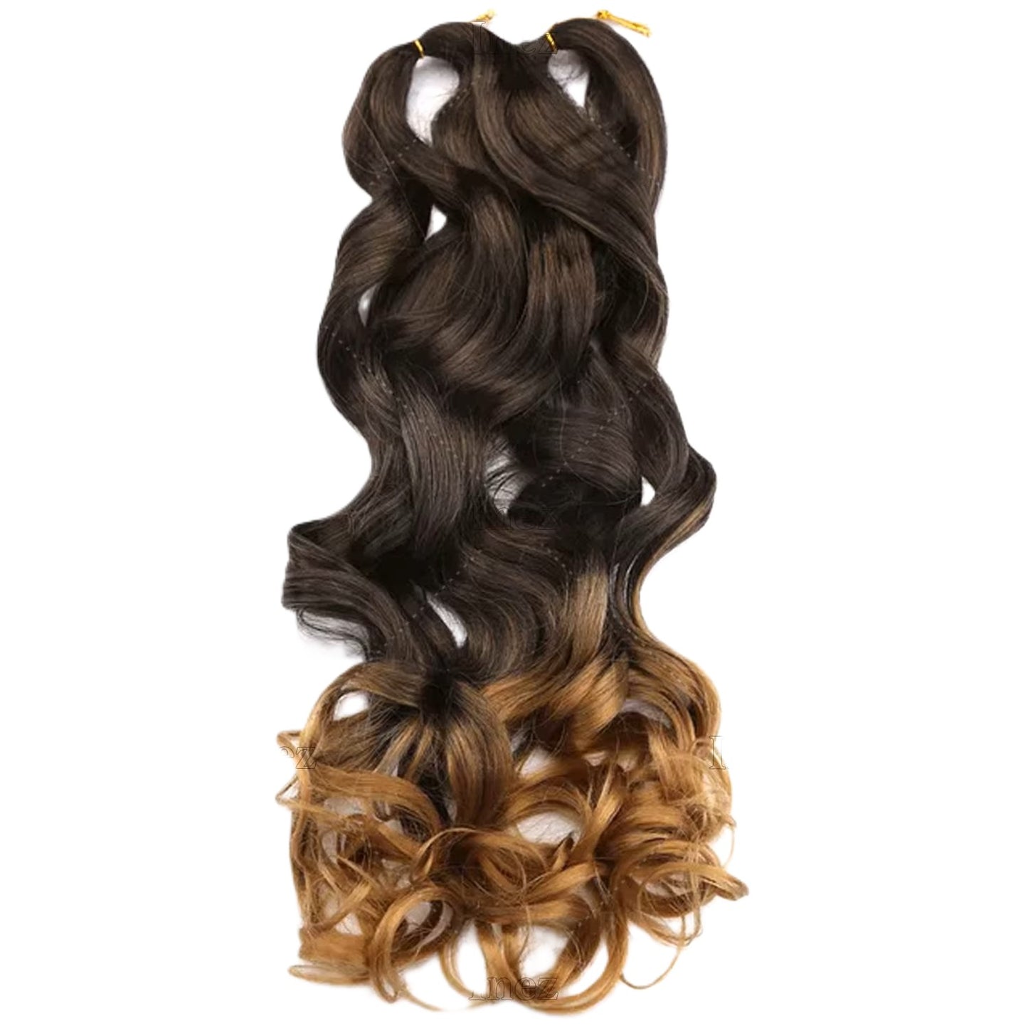 Hair extensions with brown to blonde gradient on a white background