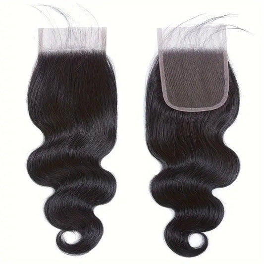 Two bundles of body wave hair extensions with lace closures on a white background.