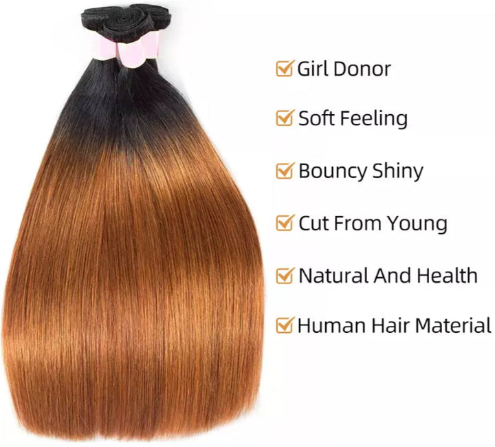 1B/30 Ombre Straight Bundles – 100% Human Hair | Natural Black to Auburn Brown