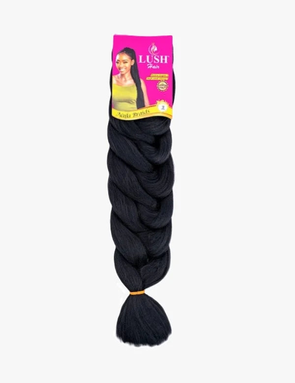 Black braided hair extension with Lush Hair packaging on a white background