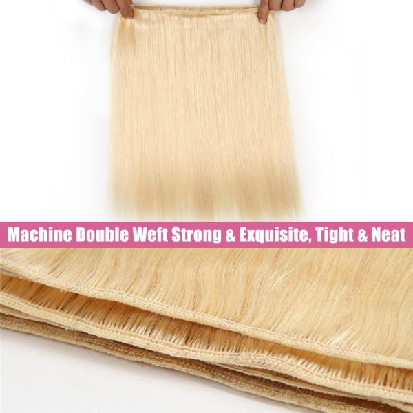 Stack of blonde hair extensions held by hands on a white background with text about quality.