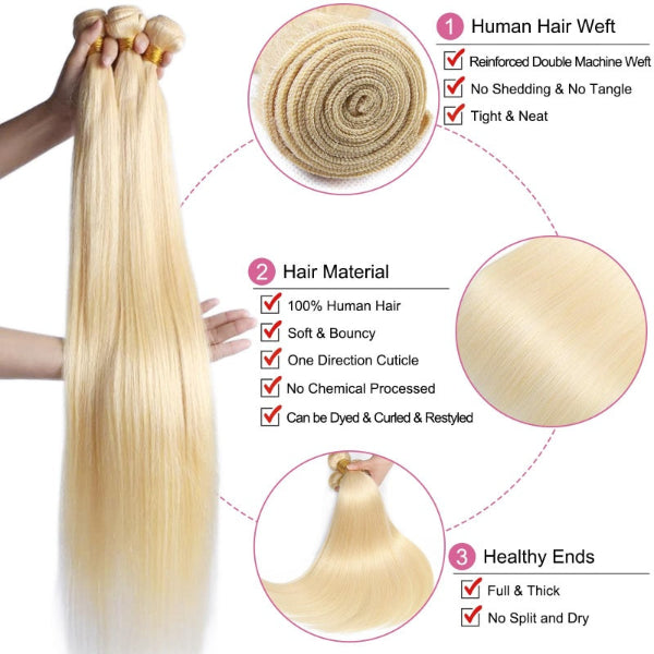 Blonde hair extensions with detailed information on hair material, health, and quality.