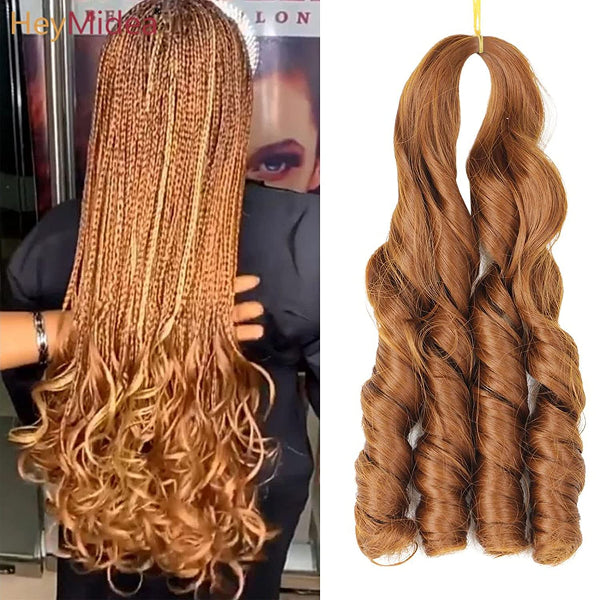 Two sets of brown hair extensions with a person holding a wig in the background.