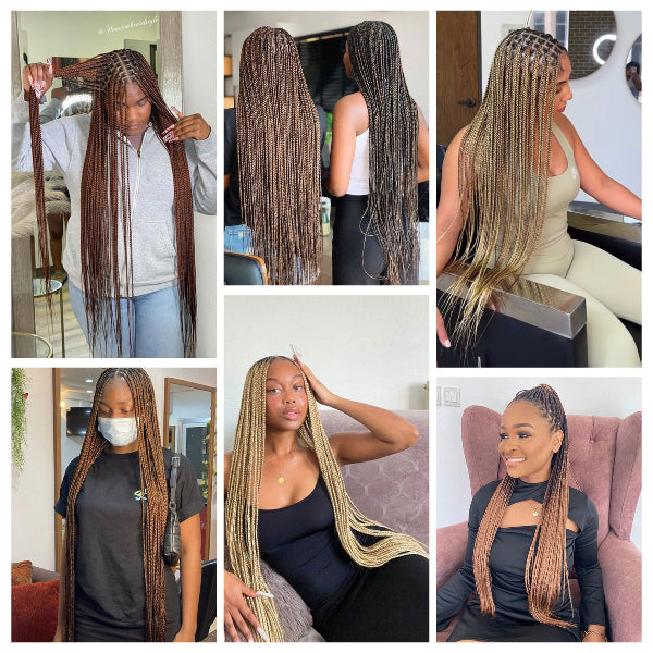 Collage of a woman with long braided hair in various settings.
