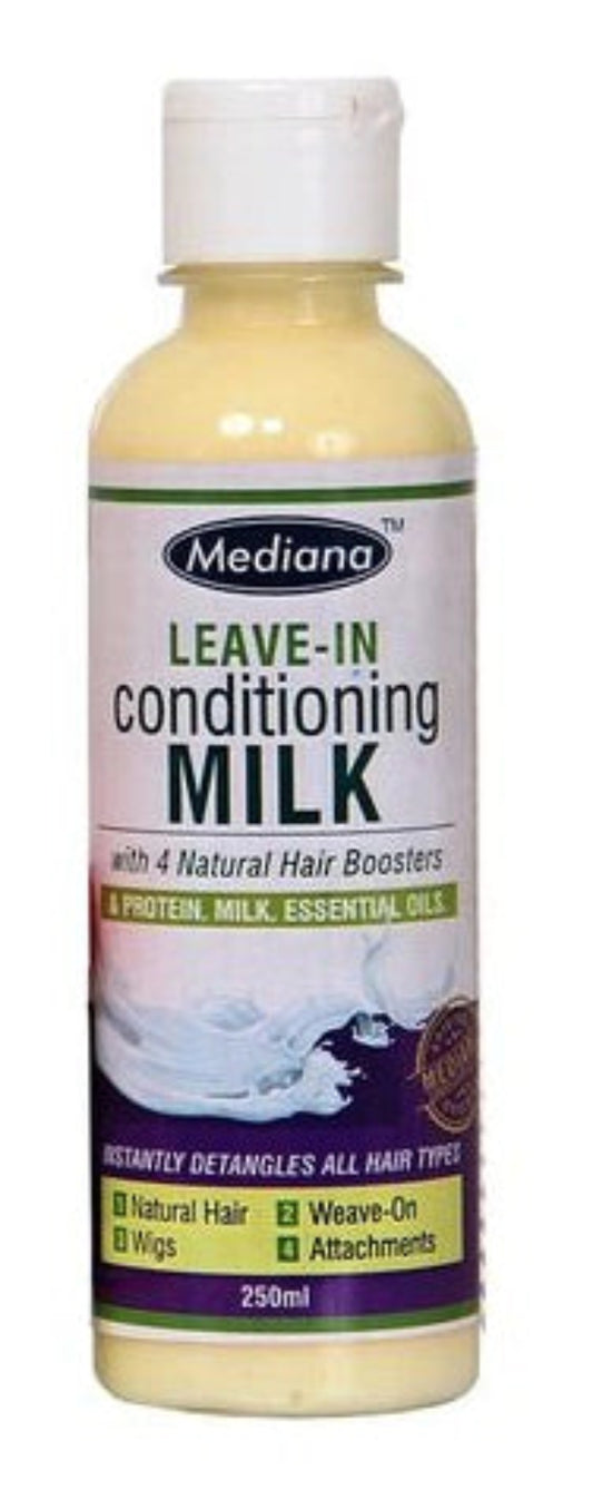Mediana Leave-In Conditioner Milk, enriched with natural hair boosters for hydration and strength, perfect for all hair types.