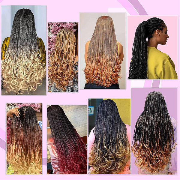 Collage of various hairstyles with ombre colors on a pink background