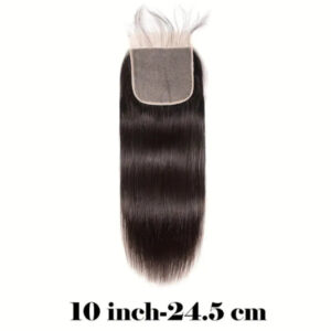 Black hair extension with a closure on a white background, labeled '10 inch-24.5 cm'.