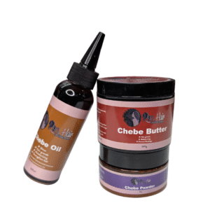 Chebe Oil bottle and Chebe Butter jar on a white background