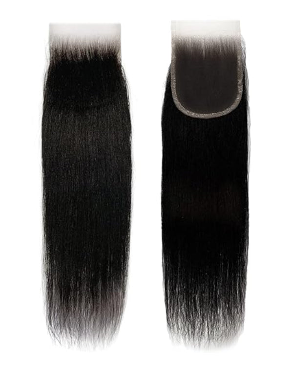 Two bundles of straight black hair with a lace closure on a white background