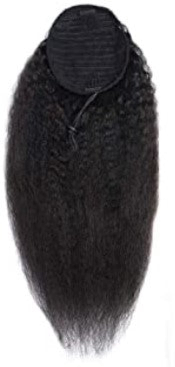 A 10 inch drawstring Afro kinky ponytail hair extension in its natural black color, displayed against a white background.