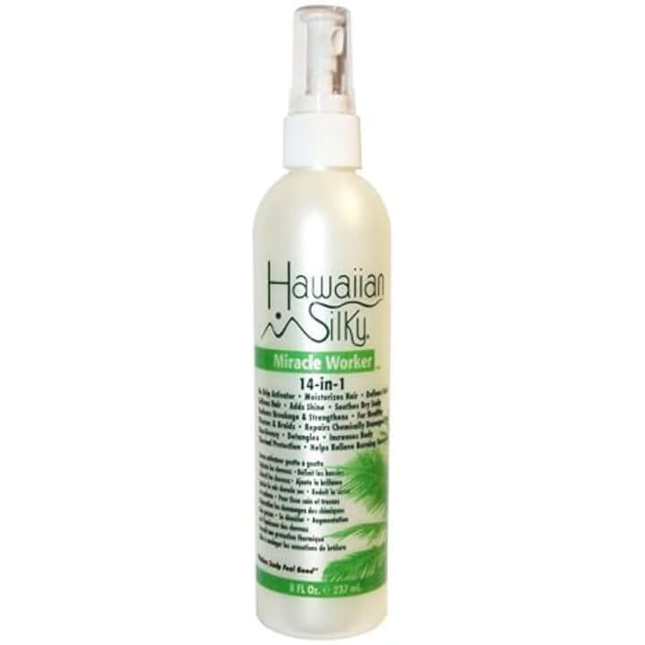 Hawaiian Silky 14-in-1 Miracle Worker spray for instant hydration and detangling, ideal for textured hair types.