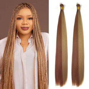 Woman with braided hair next to two hair extensions on a white background