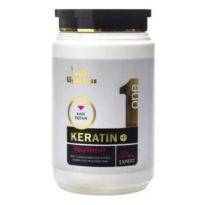 Lightness Keratin Care 100% HAIR REPAIR treatment jar for damaged hair, featuring organic cotton and custom fit for soft, healthy strands.