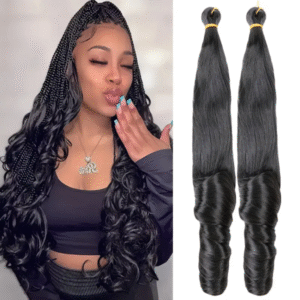 Woman with styled hair and two bundles of hair extensions on a white background