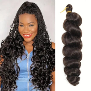 Woman with styled hair on one side and a bundle of hair extensions on the other, against a white background.