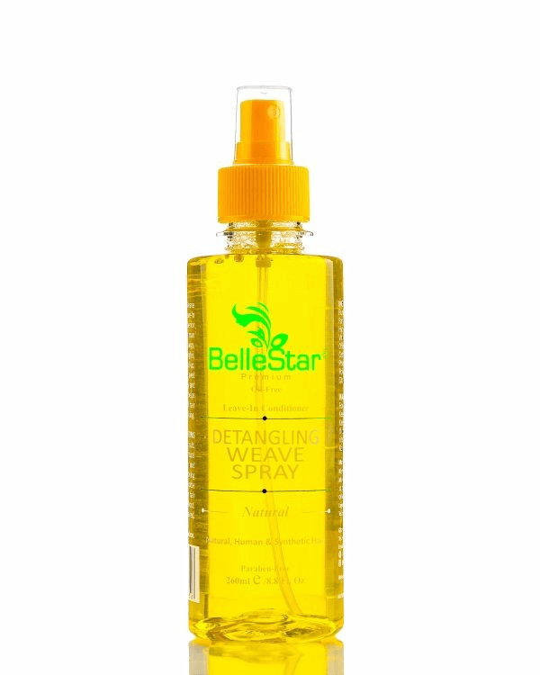 BelleStar Hair Weave Spray 260ml, organic leave-in conditioner for natural, synthetic, and human hair, enriched with Vitamin E.