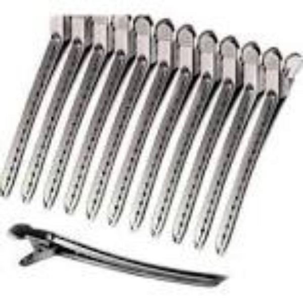 A set of 12 stainless steel hair control clips, with a single clip displayed in front showing the strong grip and design detail.