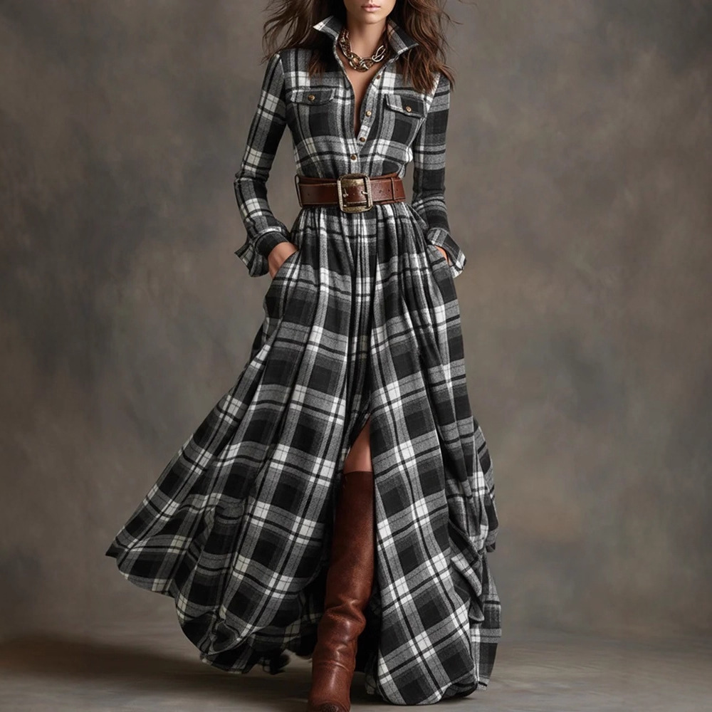 Ins Plaid Print Long-Sleeved Dress Fashion Pockets Collared Buttons Shirt Long Dresses Retro Women's Clothing - Image 10