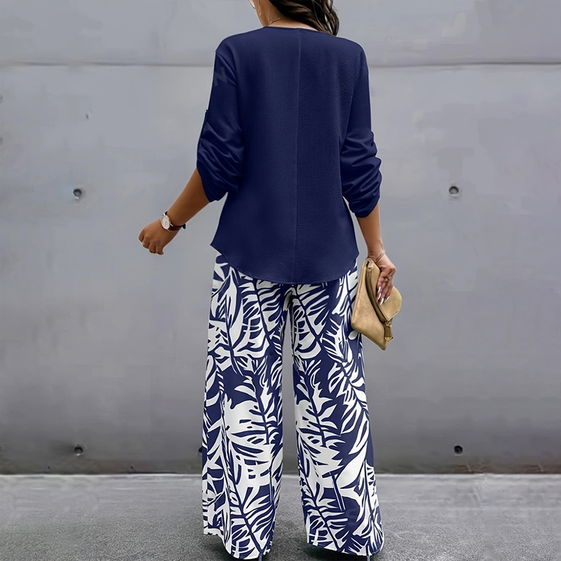 Women's Spring&Summer Elegant Long Sleeve Top & Leaf Print Pants Set - Solid V-Neck Blouse With Button Detail Flowy Trousers - Image 5