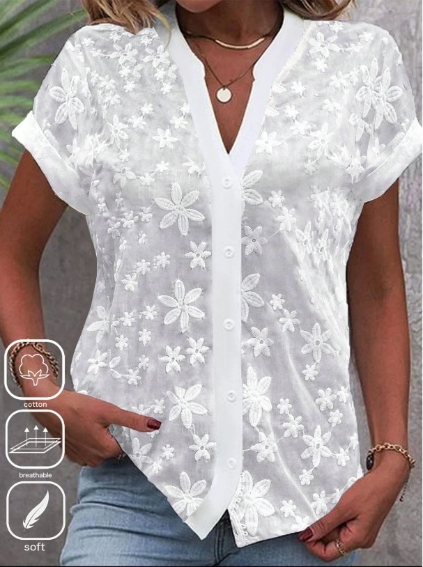 Casual V-neck Solid Color Shirt Summer For Women - Image 3