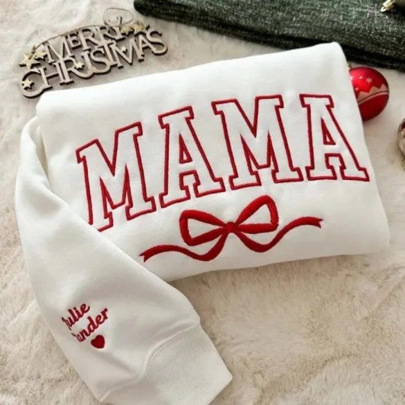 Embroidered Sweater Mom Nickname Bow
