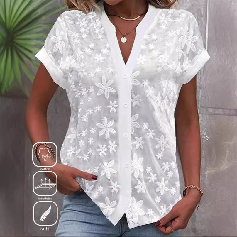 Casual V-neck Solid Color Shirt Summer For Women - Image 10