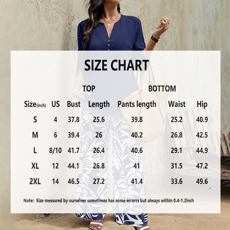 Women's Spring&Summer Elegant Long Sleeve Top & Leaf Print Pants Set - Solid V-Neck Blouse With Button Detail Flowy Trousers - Image 4