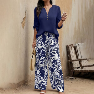 Women's Spring&Summer Elegant Long Sleeve Top & Leaf Print Pants Set - Solid V-Neck Blouse With Button Detail Flowy Trousers