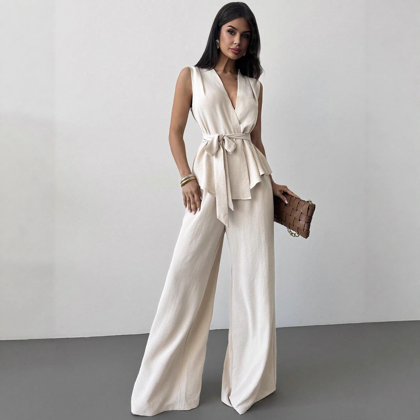 Lace-up V-neck Vest Top And Pants Two-piece Set